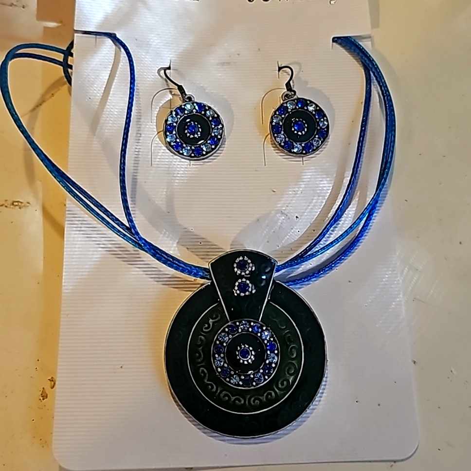 Costume Jewelry, Blue Sequin Necklace W/Large Medallion & Matching Earrings